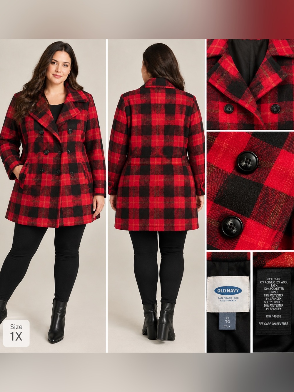 Old Navy Red & Black Buffalo Plaid Double-Breasted Peacoat Jacket XL